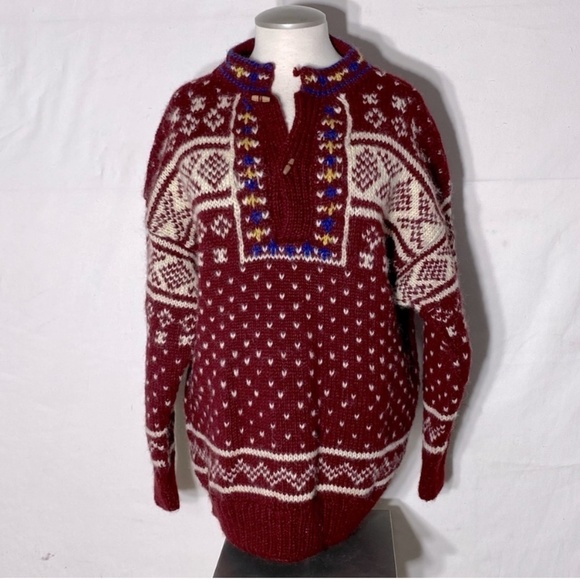 Namaste Woolens Hand Crafted In Nepal Red White Jacquard Knit Sweater L - Picture 1 of 12